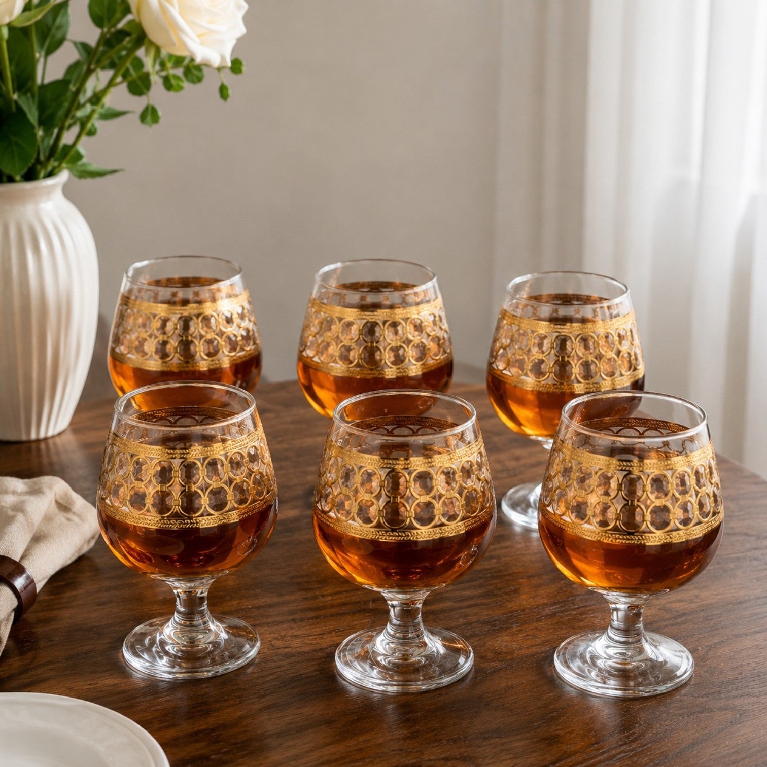 Pahar cu Picior 6/set, din Sticlă 13cm, Model cu Decor Auriu, Transparent Engros
