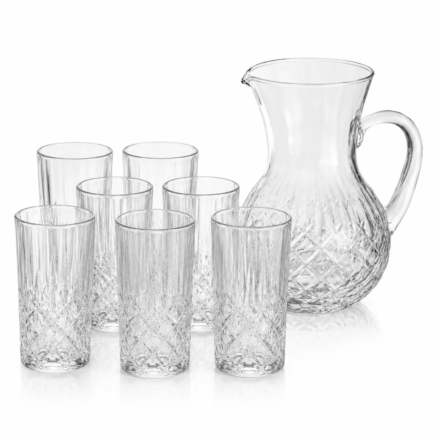Carafa 22cm, cu 6 Pahare 13.5cm, din Sticlă Texturată, Model Cristal, Transparent Engros
