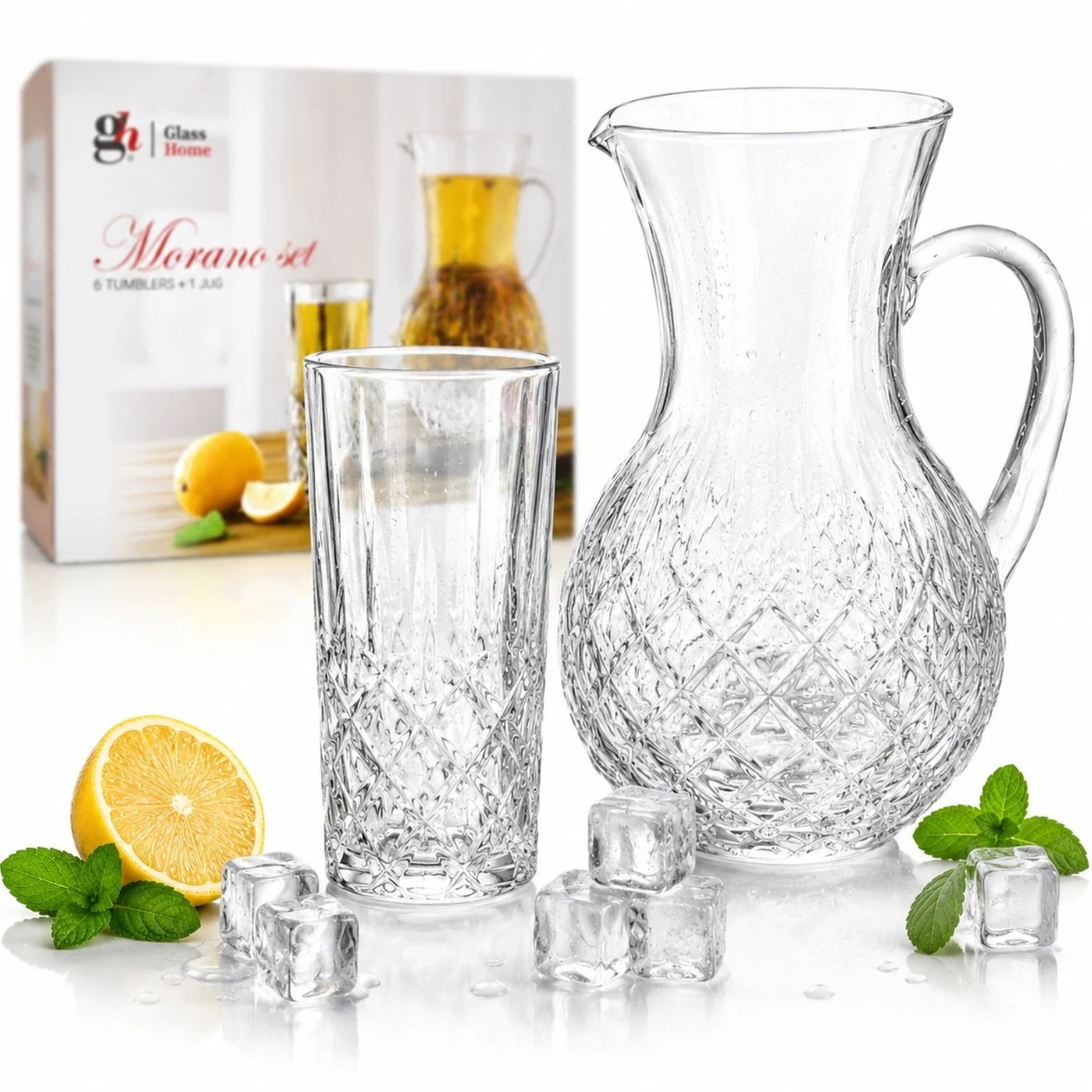 Carafa 22cm, cu 6 Pahare 13.5cm, din Sticlă Texturată, Model Cristal, Transparent Engros
