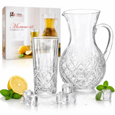 Carafa 22cm, cu 6 Pahare 13.5cm, din Sticlă Texturată, Model Cristal, Transparent Engros