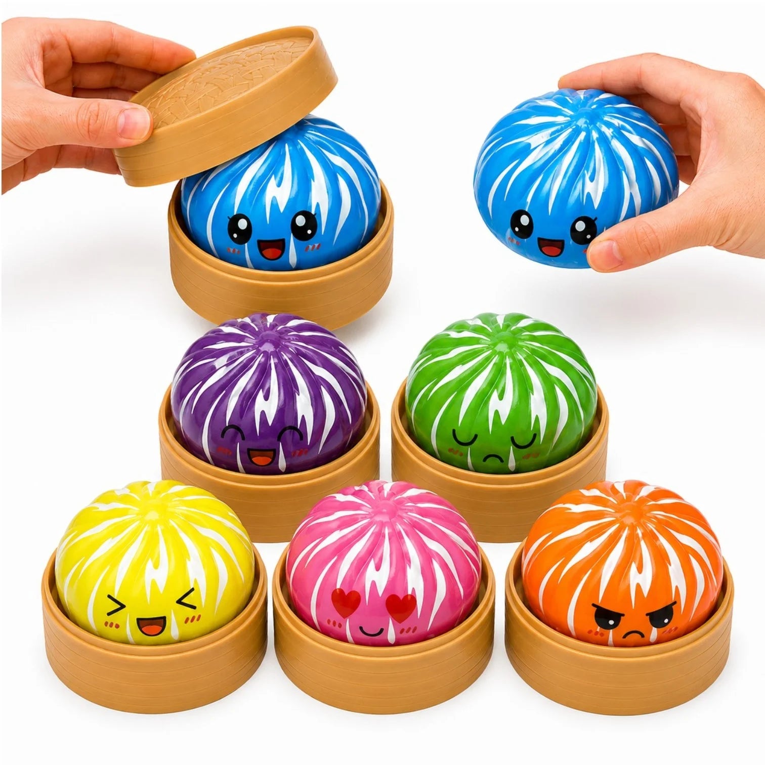 Jucărie Squishy Dumpling 12/set, în Cutie Plastic, 9cm, Antistres, Model Colorat cu Dungi Albe Engros