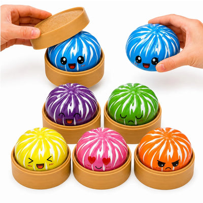 Jucărie Squishy Dumpling 12/set, în Cutie Plastic, 9cm, Antistres, Model Colorat cu Dungi Albe Engros