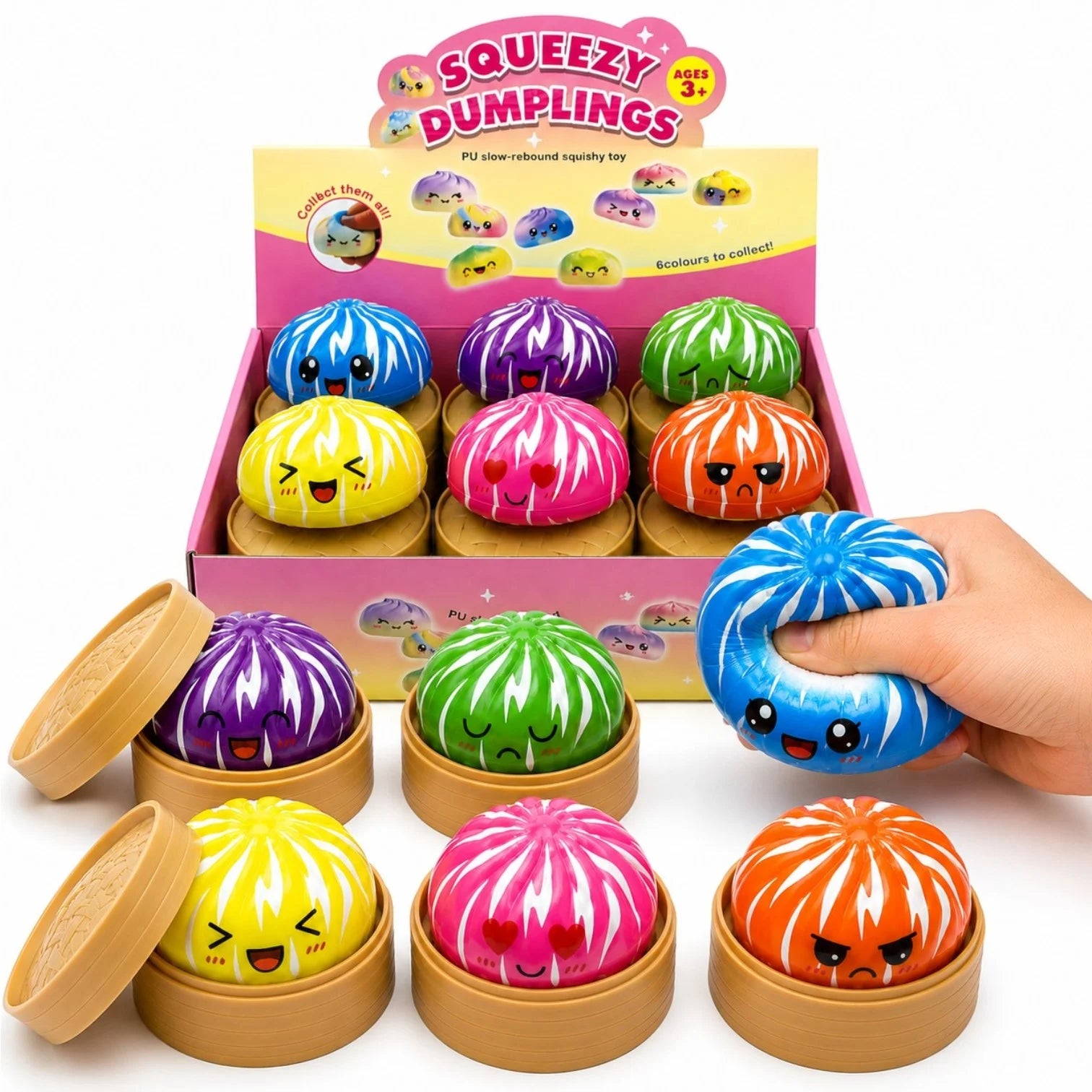 Jucărie Squishy Dumpling 12/set, în Cutie Plastic, 9cm, Antistres, Model Colorat cu Dungi Albe Engros