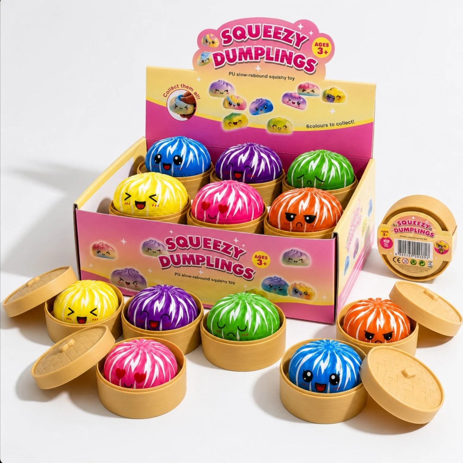Jucărie Squishy Dumpling 12/set, în Cutie Plastic, 9cm, Antistres, Model Colorat cu Dungi Albe Engros