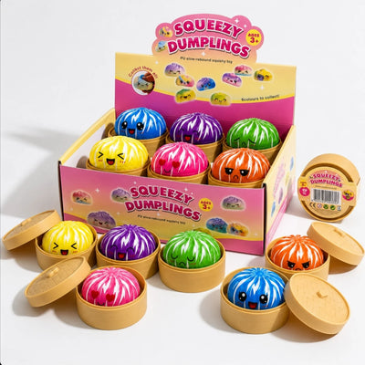Jucărie Squishy Dumpling 12/set, în Cutie Plastic, 9cm, Antistres, Model Colorat cu Dungi Albe Engros