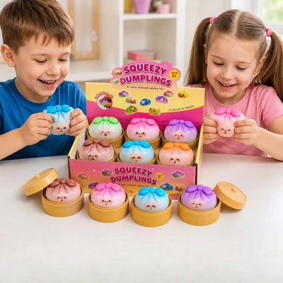 Jucărie Squishy Dumpling, în Cutie Plastic, 9cm, Antistres, Model Pastel cu Fundiță, Multicolor Engros