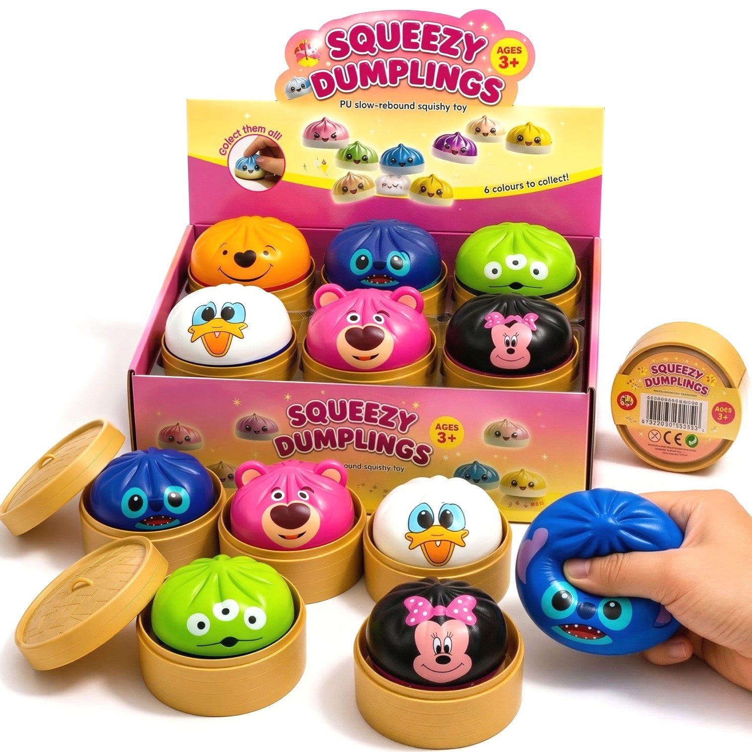 Jucărie Squishy Dumpling 12/set, în Cutie Plastic, 9cm, Antistres, Model Personaje Desenate Engros