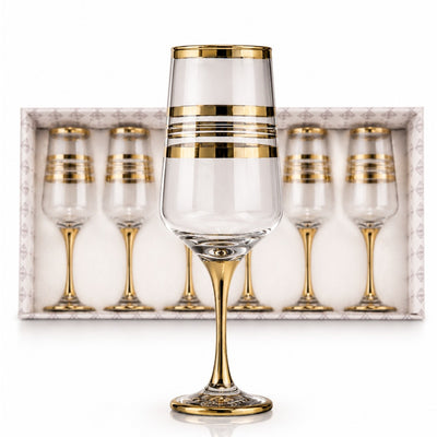 Pahar Flute 6/set, cu Picior 22cm, Model cu Decor Auriu, Transparent Engros