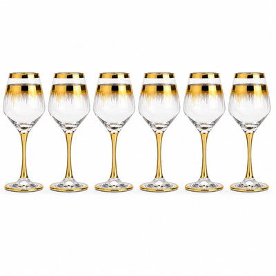 Pahar cu Picior 6/set, din Sticlă 20.5cm, Model Auriu cu Linii Decorative, Transparent Engros