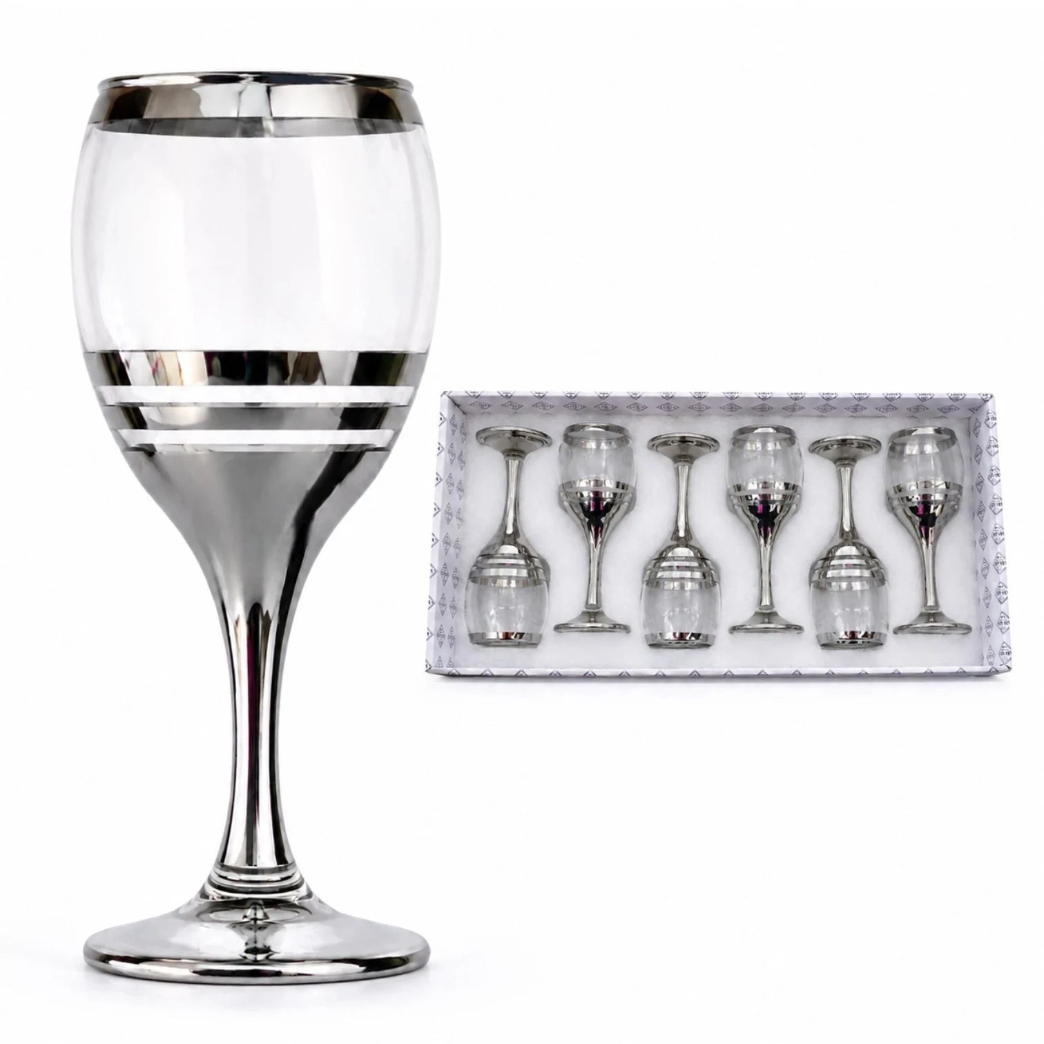 Pahar cu Picior 6/set, din Sticlă 18cm, Model Argintiu cu Dungi Decorative, Transparent Engros