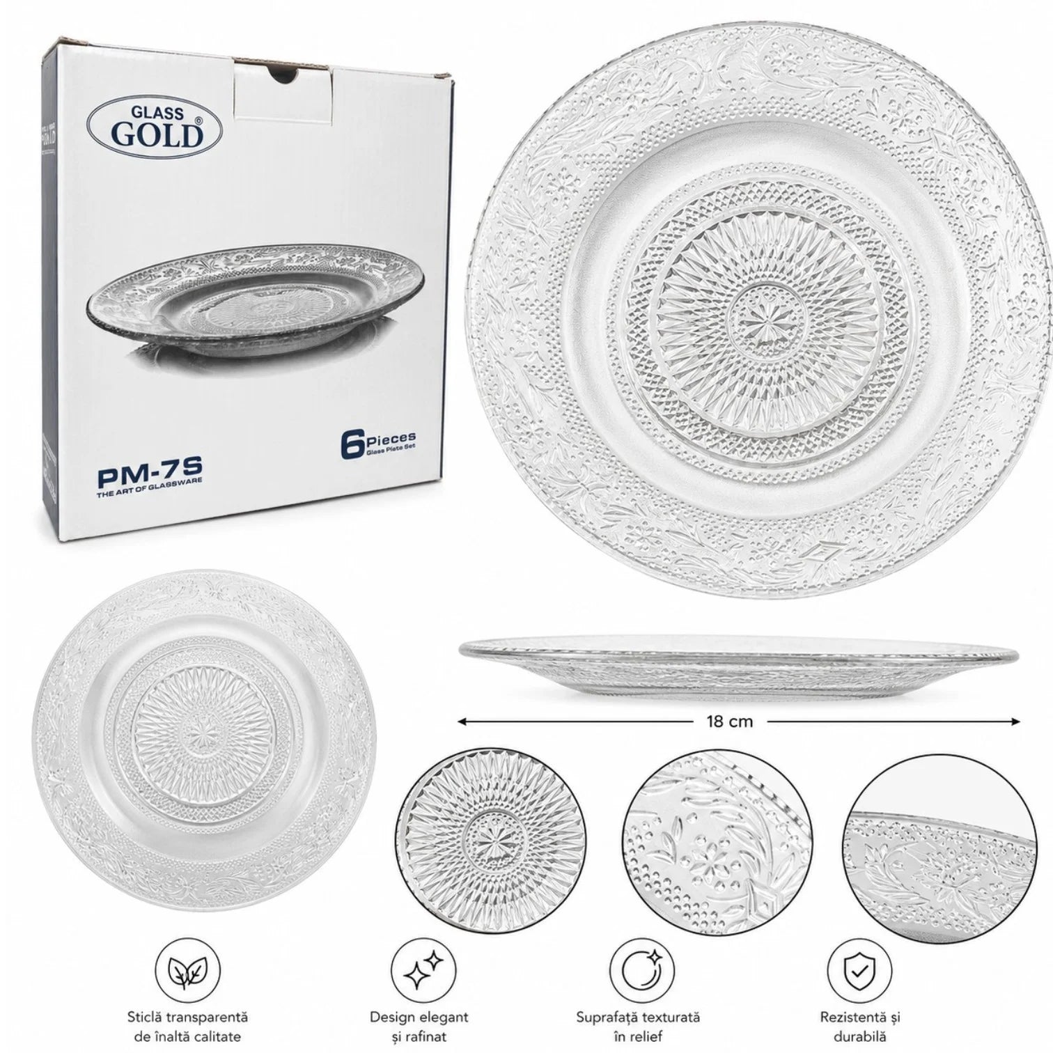 Farfurie din Sticlă 6/set, cu Model Cristal 18cm, Transparenta Engros
