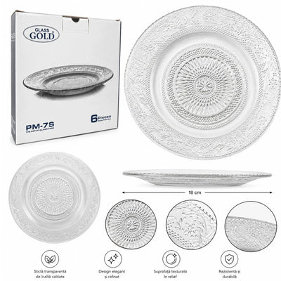 Farfurie din Sticlă 6/set, cu Model Cristal 18cm, Transparenta Engros