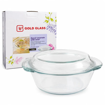 Vas Rotund 18x8.5cm cu Capac, din Sticlă Termorezistentă 1L, pentru Cuptor și Gătit, Model Transparent Engros