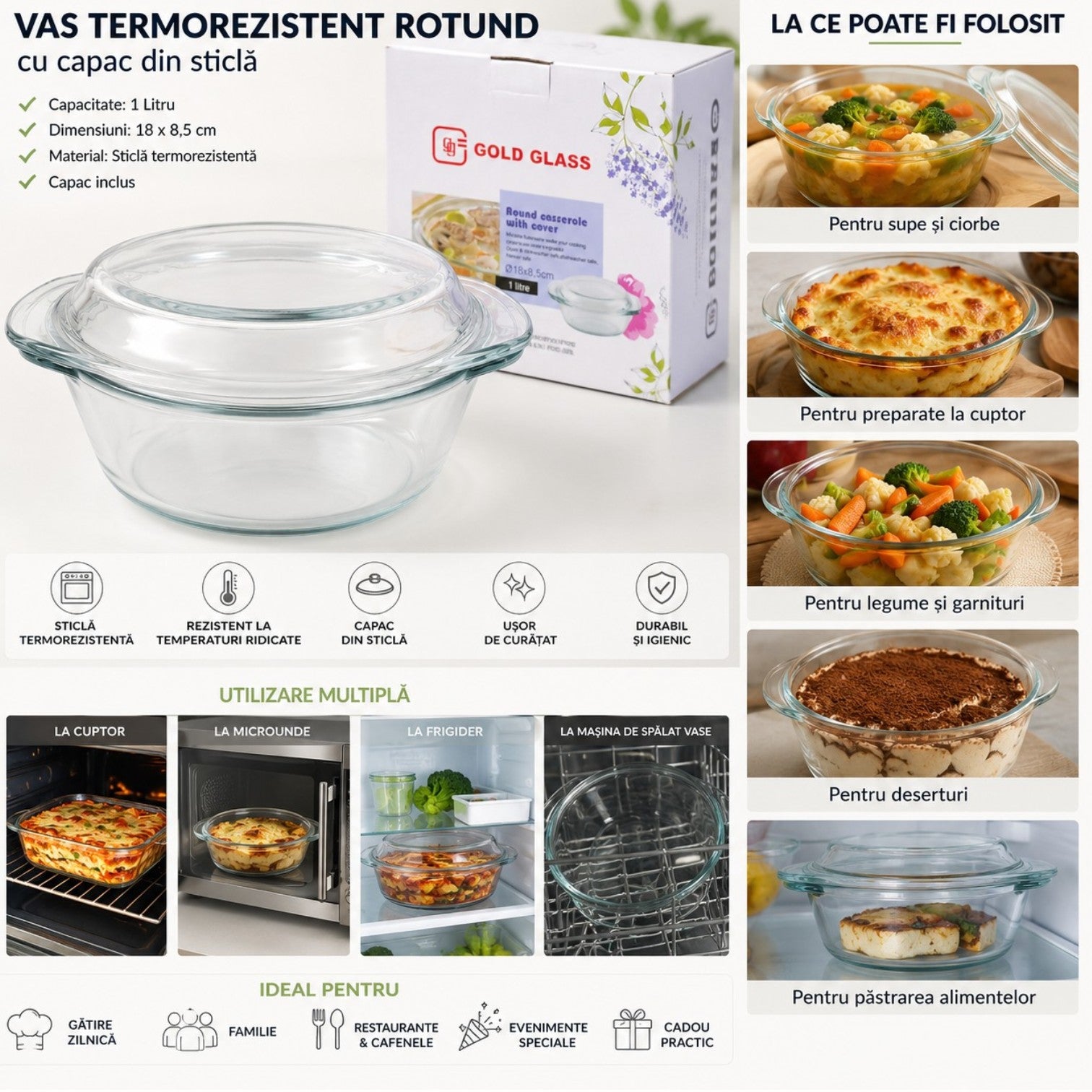 Vas Rotund 18x8.5cm cu Capac, din Sticlă Termorezistentă 1L, pentru Cuptor și Gătit, Model Transparent Engros
