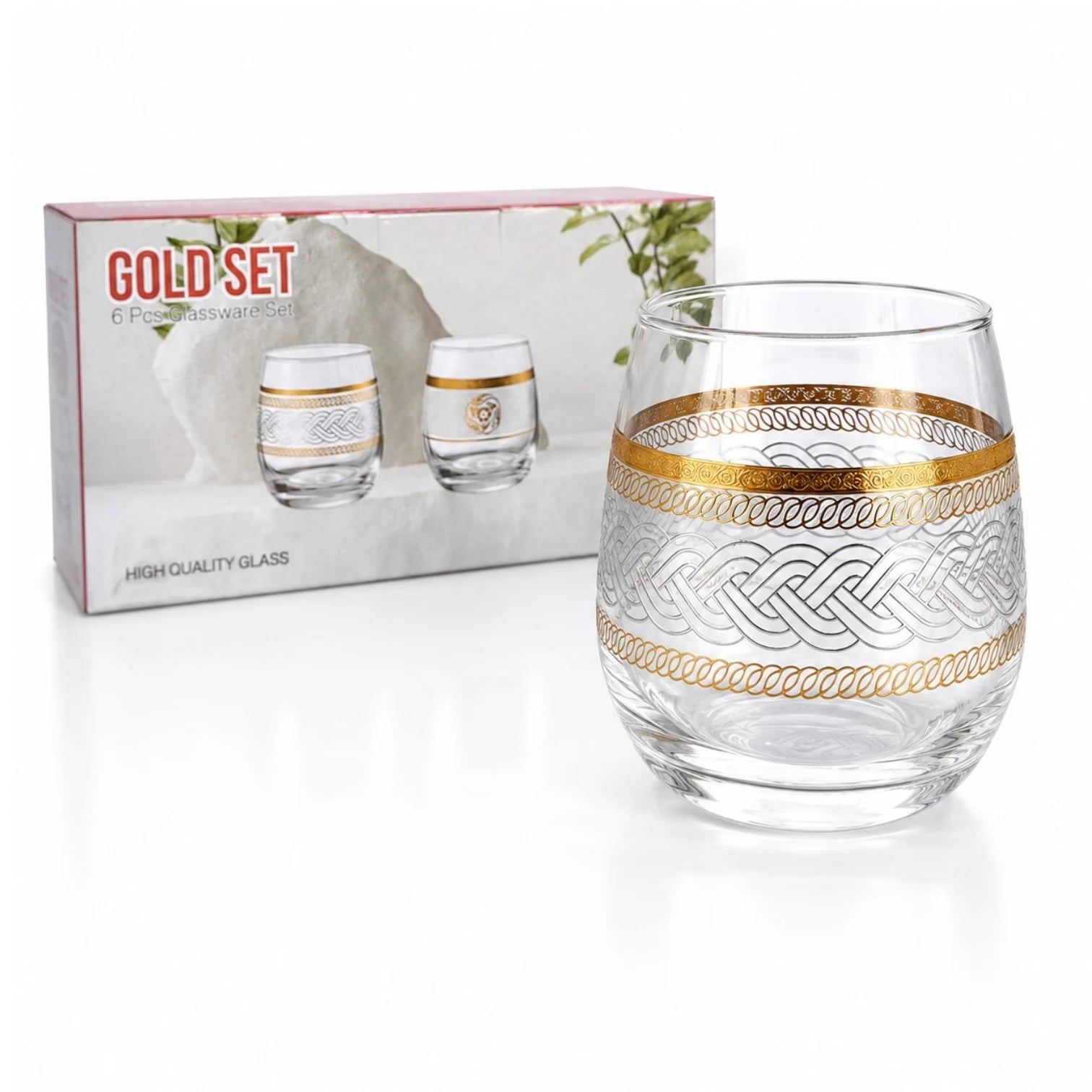 Pahar din Sticlă 6/set, Model Gold 9.5cm, Transparent Engros