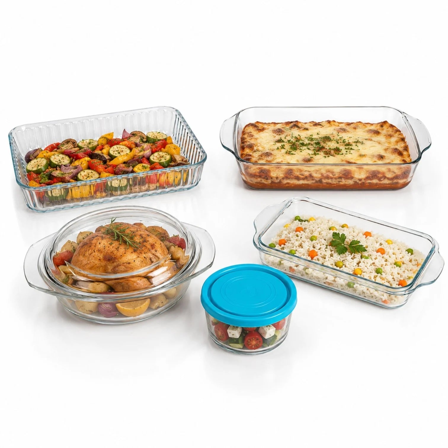 Vase Termorezistente din Sticlă pentru Cuptor, 5+1 Piese, Diferite Dimensiuni, cu Capac și Tăvi pentru Gătit Engros