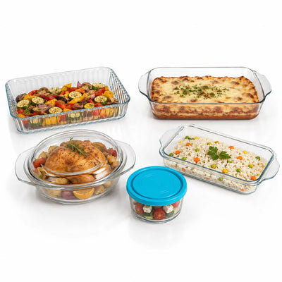 Vase Termorezistente din Sticlă pentru Cuptor, 5+1 Piese, Diferite Dimensiuni, cu Capac și Tăvi pentru Gătit Engros
