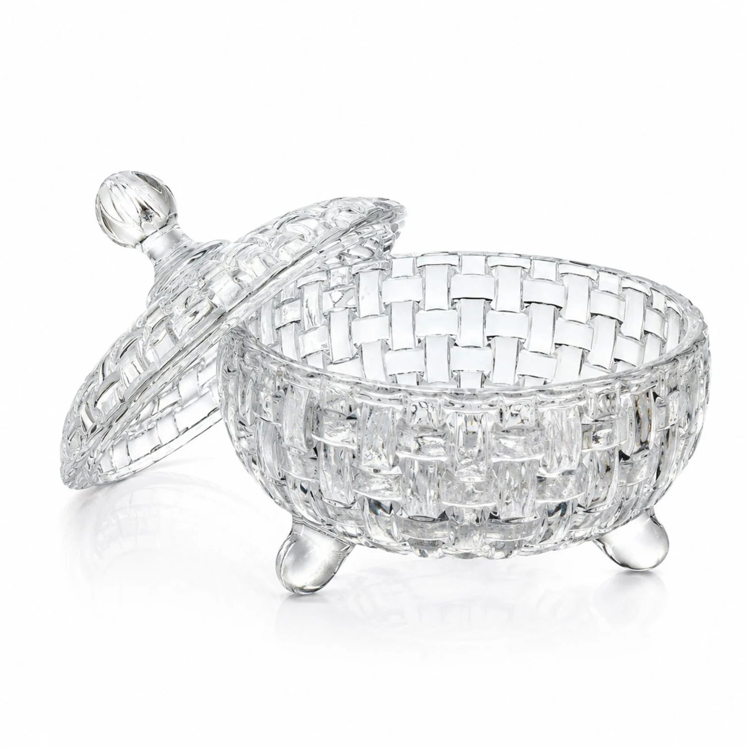 Bombonieră din Sticlă 17x15cm, cu Picior și Capac, Model Cristal Împletit Engros