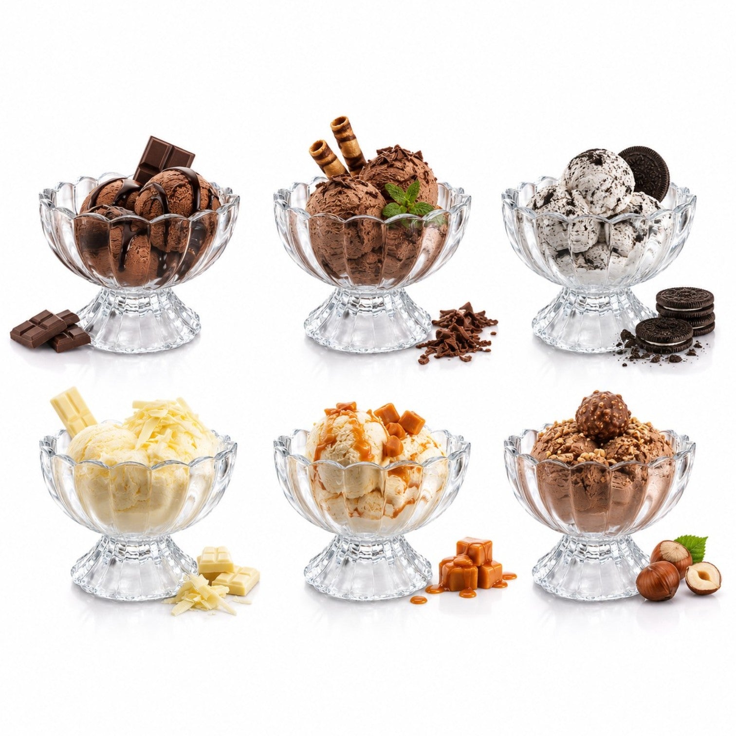 Cupă pentru Înghețată 6/set, din Sticlă 7x9.5cm, cu Picior 165ml, Model Cristal Floral Transparent Engros