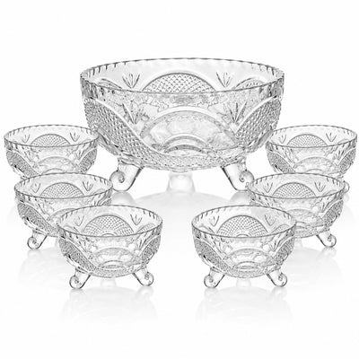 Bol din Sticlă 7/set, cu Picior și Textură Cristal, cu 6 Boluri Mici și Bol Mare 16x9cm, Transparent Engros