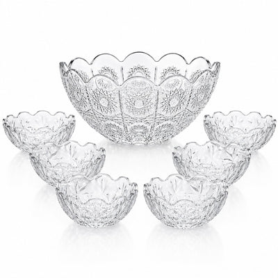 Bol din Sticlă 7/set, Model Cristal Floral, cu 6 Boluri Mici și Bol Mare 23x10cm, Transparent Engros