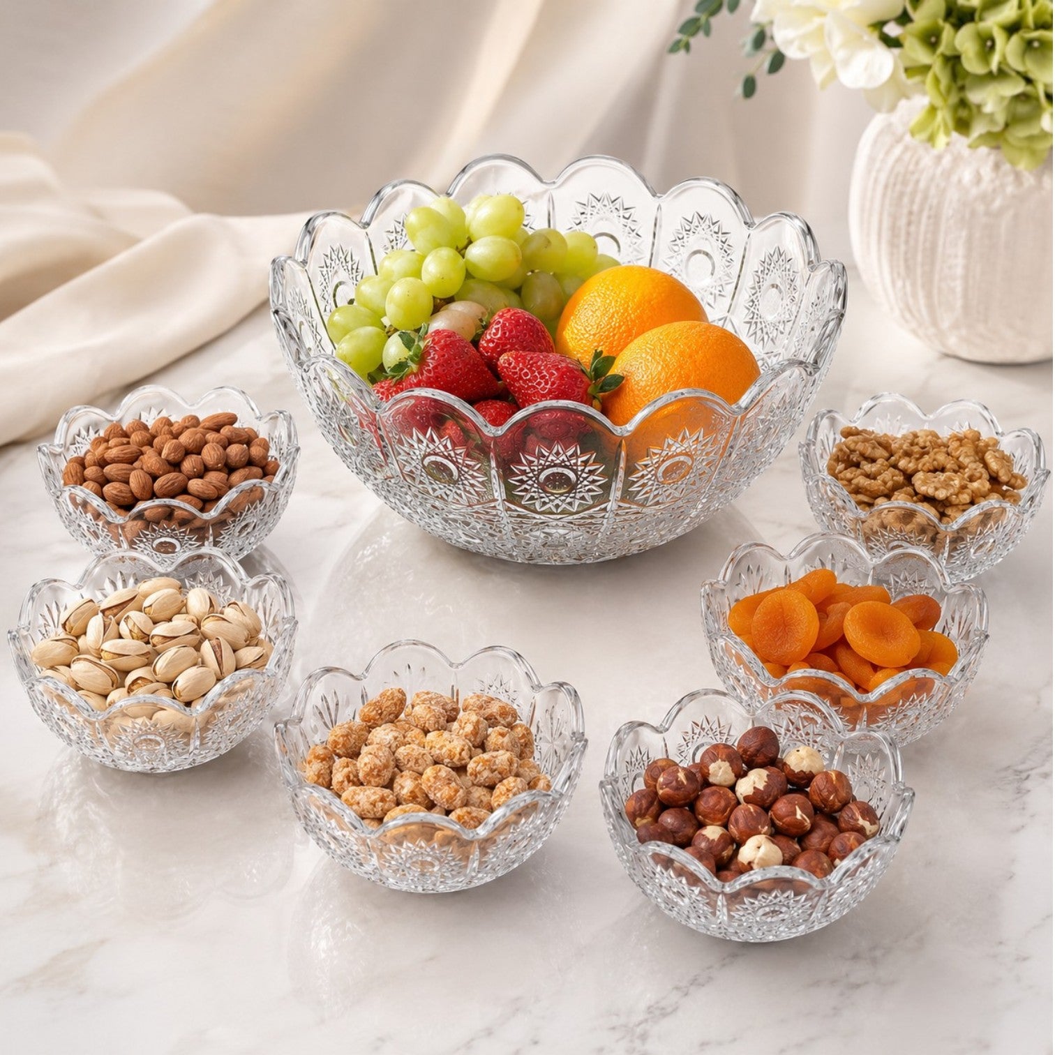 Bol din Sticlă 7/set, Model Cristal Floral, cu 6 Boluri Mici și Bol Mare 23x10cm, Transparent Engros