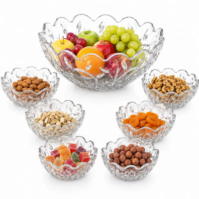 Bol din Sticlă 7/set, Model Cristal Floral, cu 6 Boluri Mici și Bol Mare 23x10cm, Transparent Engros