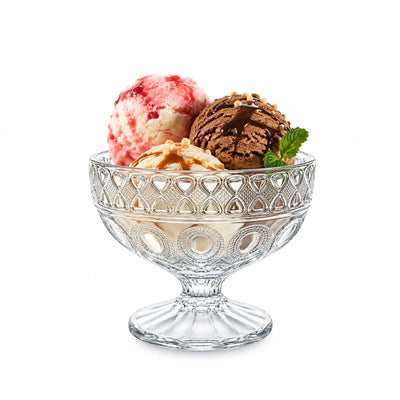 Cupă pentru Înghețată 6/set, din Sticlă 8.5x10.5cm, cu Picior, Model Cristal Floral Transparent Engros