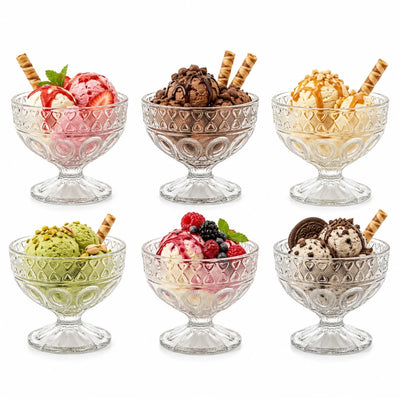 Cupă pentru Înghețată 6/set, din Sticlă 8.5x10.5cm, cu Picior, Model Cristal Floral Transparent Engros