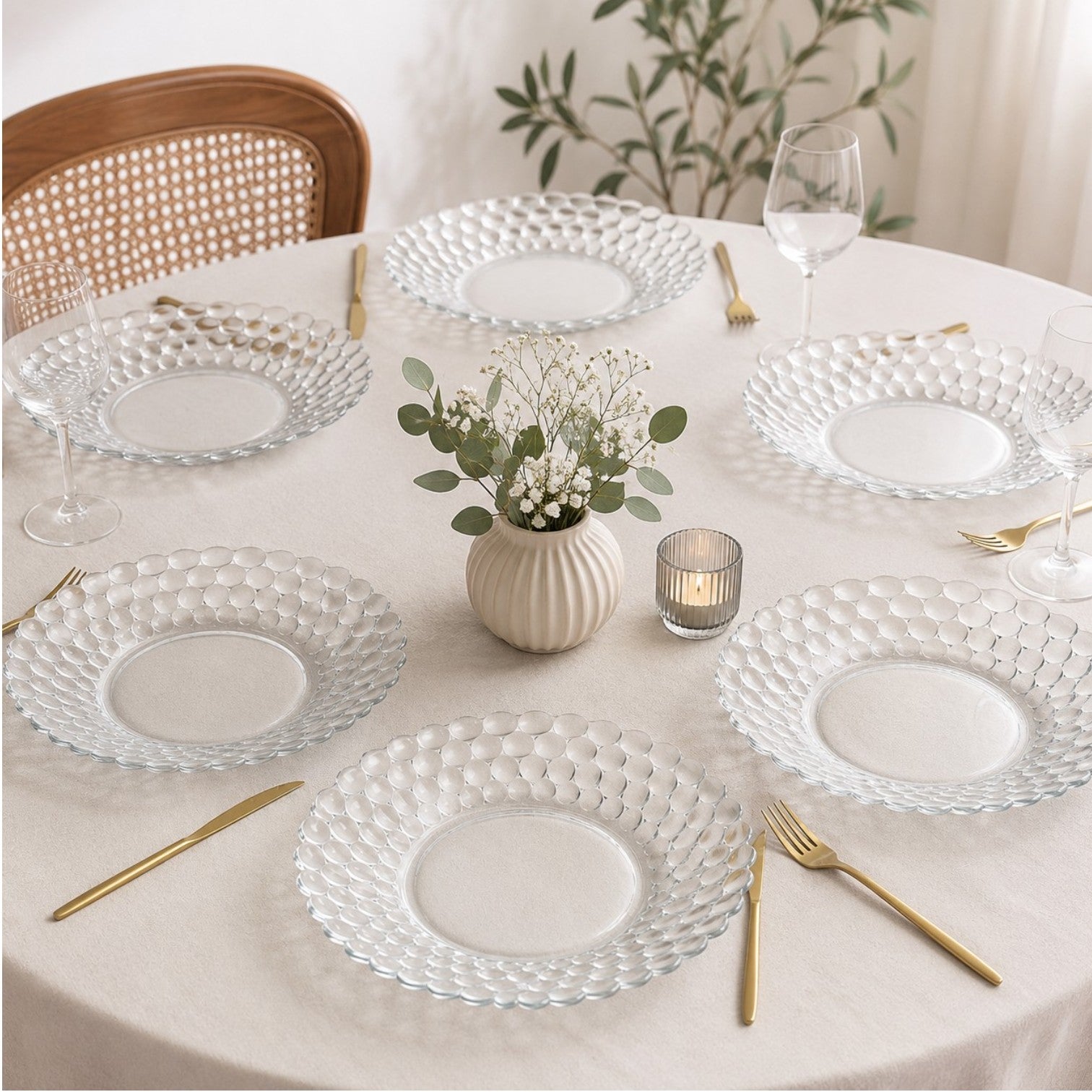 Farfurie Adâncă 12/set, din Sticlă 22cm, Model Solzi, Transparentă Engros