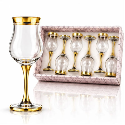Pahar cu Picior 6/set, din Sticlă 20cm, Model cu Margine Aurie, Transparent Engros