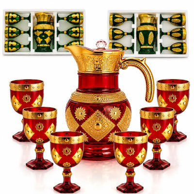 Carafă 25x15cm, cu 6 Pahare 13cm din Sticlă, Model Lux Oriental, Diferite Culori Engros