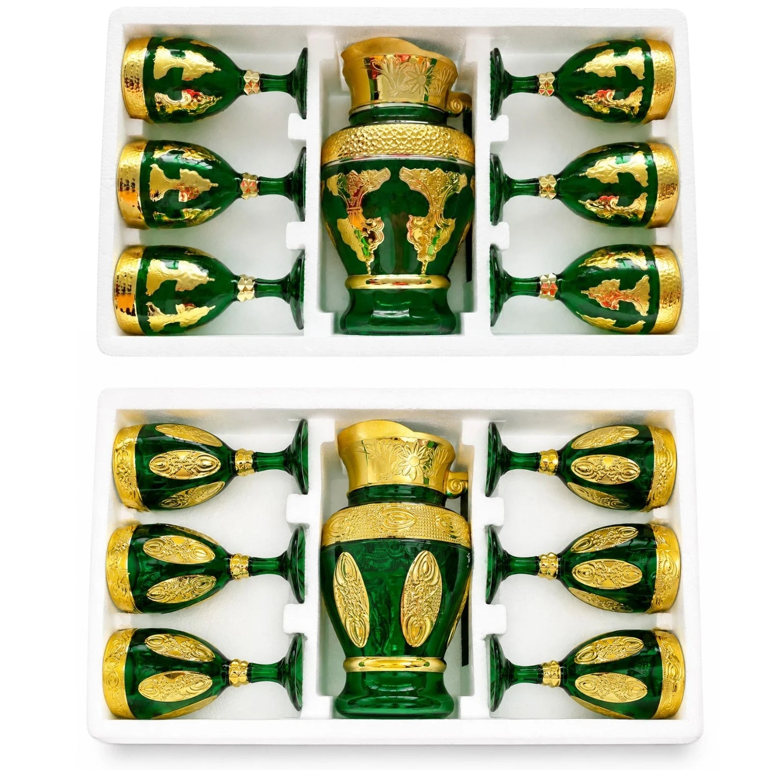 Carafă 25x15cm, cu 6 Pahare 13cm din Sticlă, Model Lux Oriental, Diferite Culori Engros
