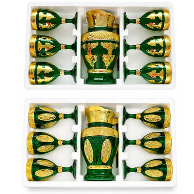 Carafă 25x15cm, cu 6 Pahare 13cm din Sticlă, Model Lux Oriental, Diferite Culori Engros