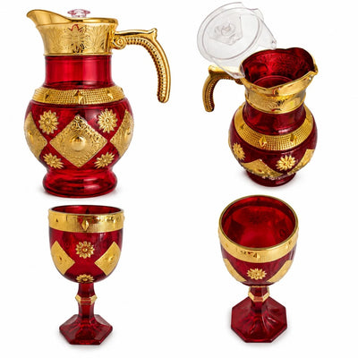 Carafă 25x15cm, cu 6 Pahare 13cm din Sticlă, Model Lux Oriental, Diferite Culori Engros