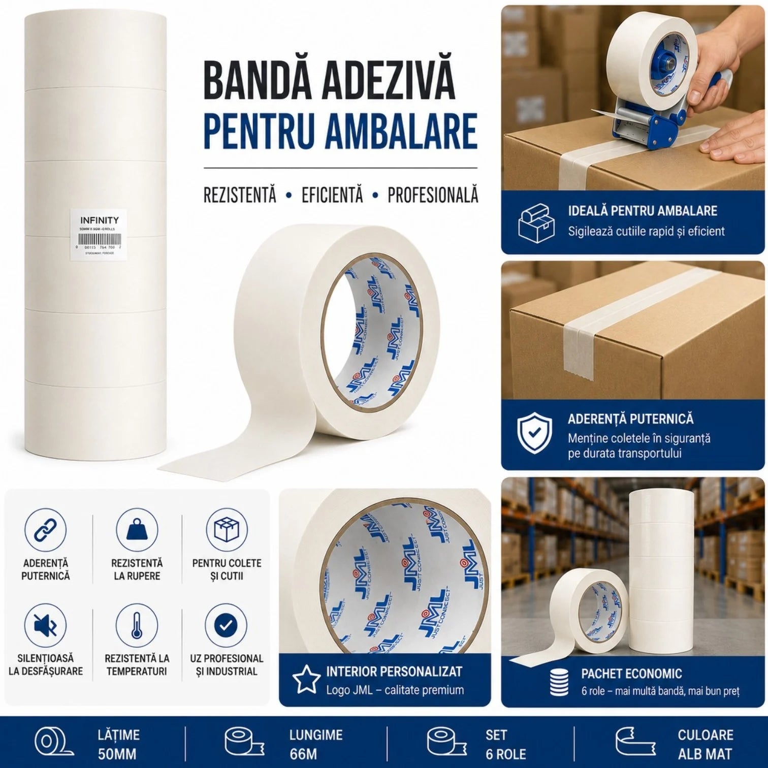Bandă Adezivă din Hârtie 6/set, 4.8cm x 20m, Model 302D, Alb-Crem Engros