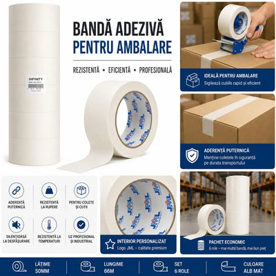 Bandă Adezivă din Hârtie 6/set, 4.8cm x 20m, Model 302D, Alb-Crem Engros
