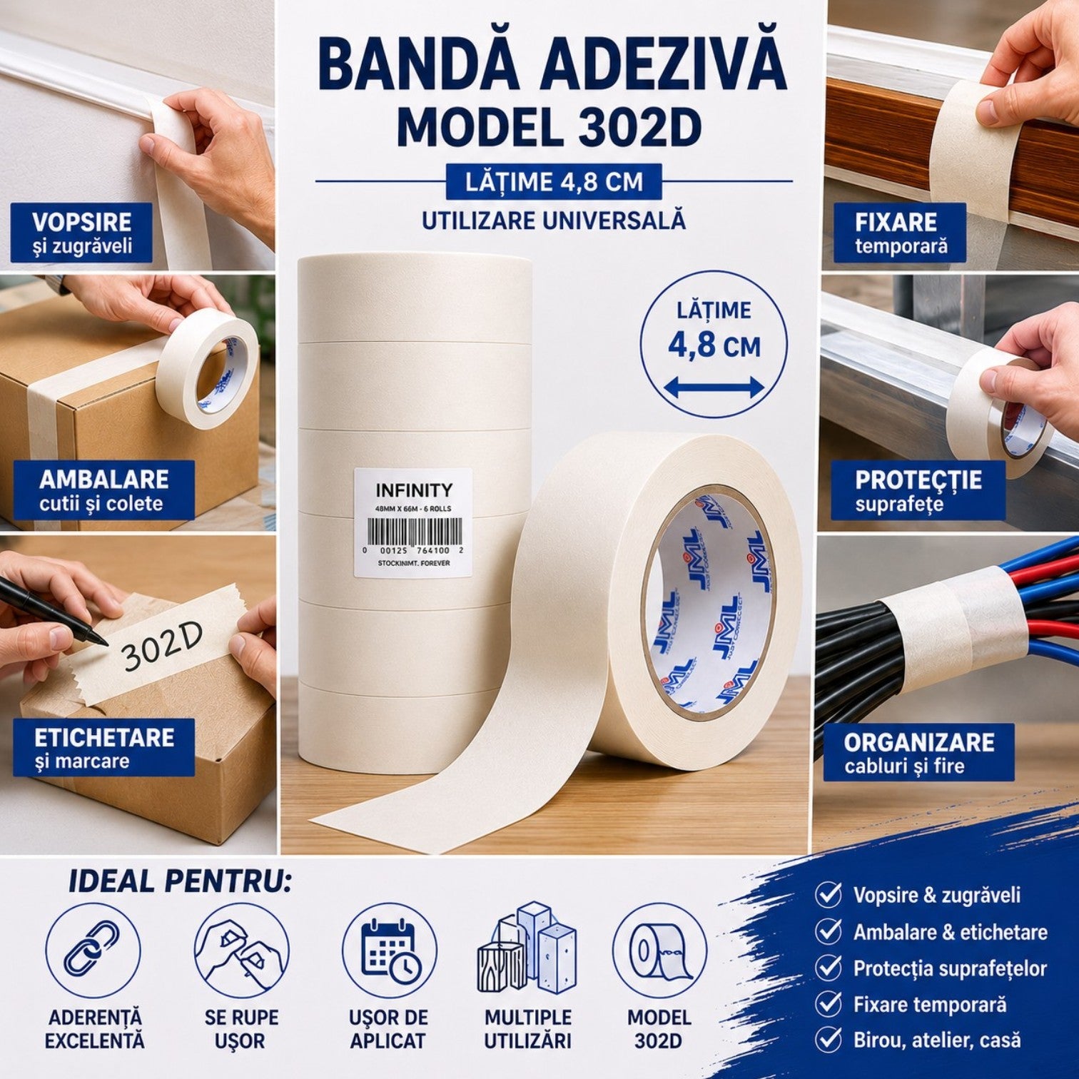 Bandă Adezivă din Hârtie 6/set, 4.8cm x 40m, Model 302D, Alb-Crem Engros