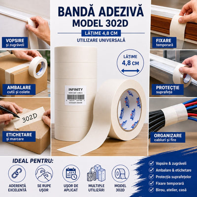 Bandă Adezivă din Hârtie 6/set, 4.8cm x 40m, Model 302D, Alb-Crem Engros