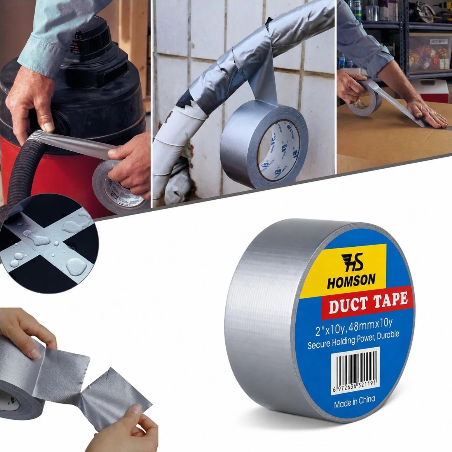 Bandă Adezivă Tip Duct Tape 48mmx10m Homson, Gri Metalizat, pentru Reparații, Fixare și Izolare Engros