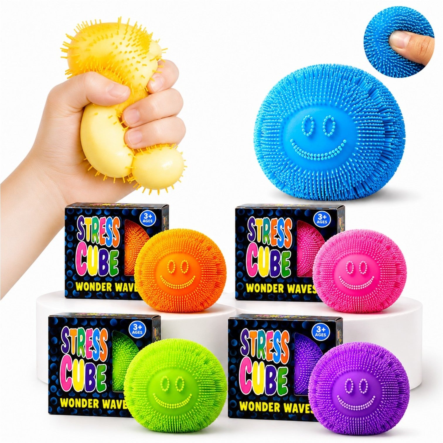 Minge Antistres Smiley Face 6.5cm, Jucărie Senzorială Squishy cu Țepi Moi și Spumă Albă Slow Rising, Stretch & Squeeze, Diferite Culori Engros