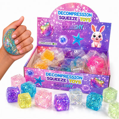 Cub Antistres Glitter 24/set, Ice Cube 3x3cm, Jucărie Senzorială Squishy din Gel Elastic, Stretch & Squeeze, Diferite Culori Engros