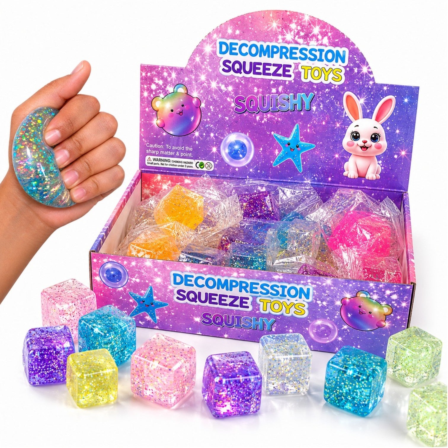 Cub Antistres Glitter, Ice Cube 3x3cm, Jucărie Senzorială Squishy din Gel Elastic, Stretch & Squeeze, Diferite Culori Engros