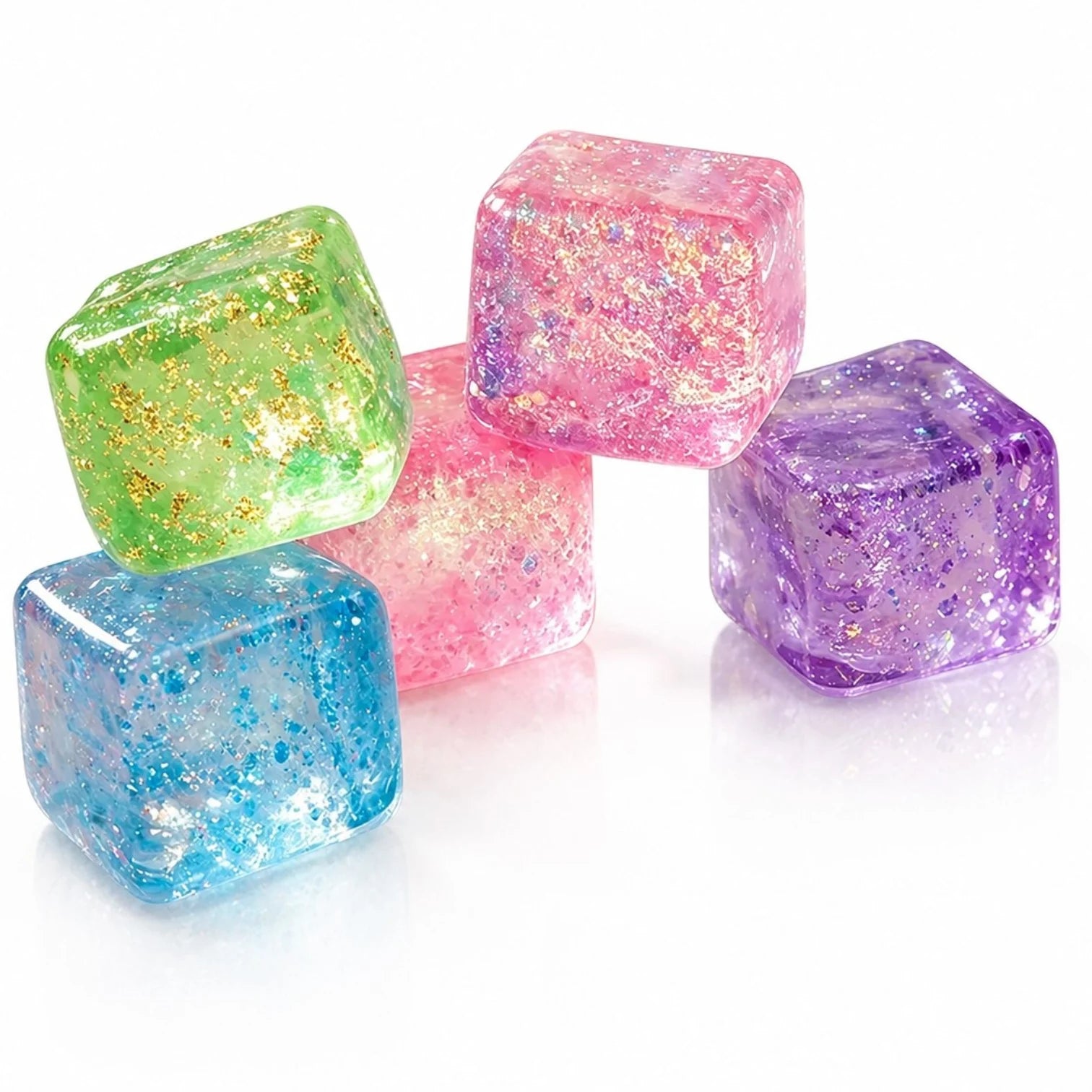 Cub Antistres Glitter, Ice Cube 3x3cm, Jucărie Senzorială Squishy din Gel Elastic, Stretch & Squeeze, Diferite Culori Engros