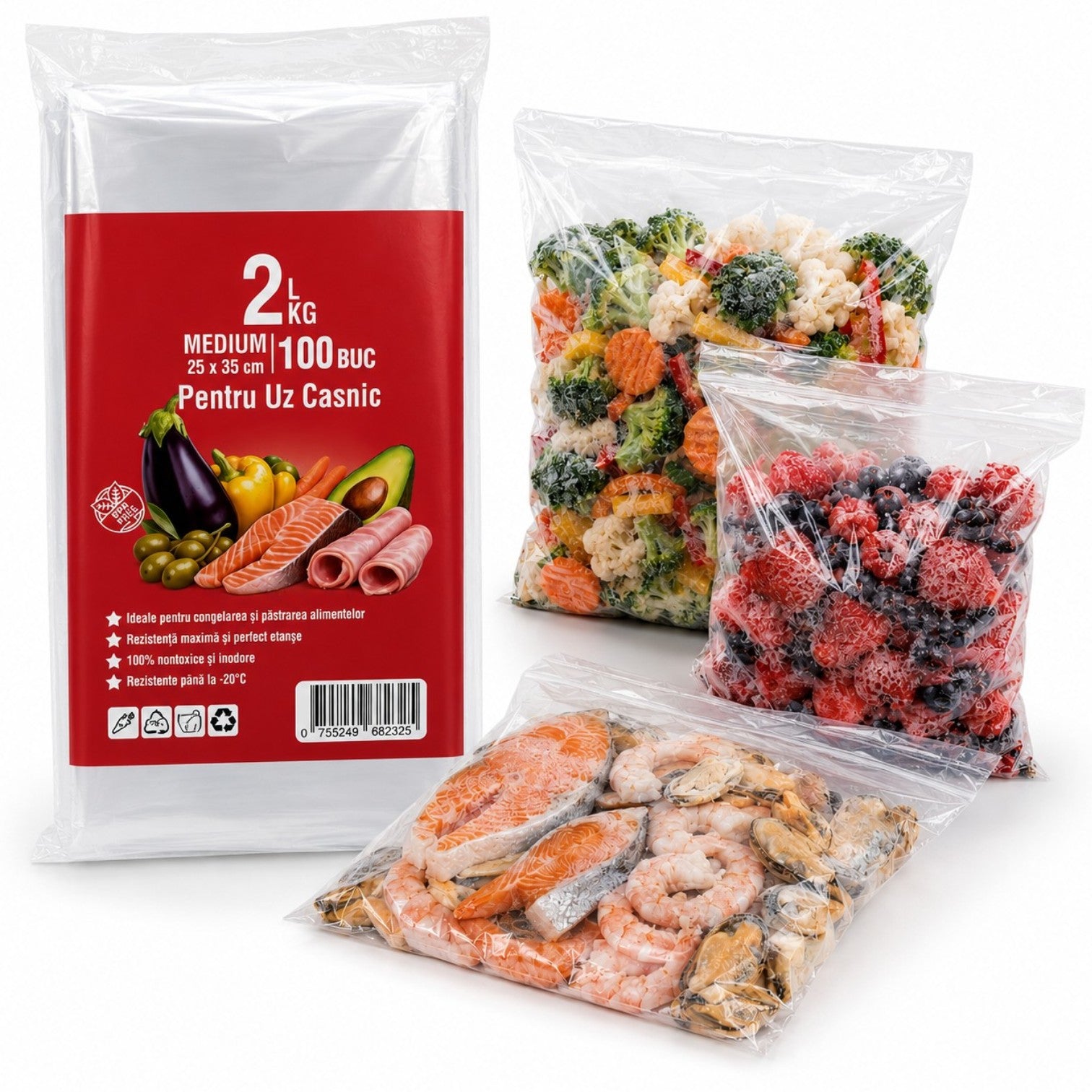 Pungi pentru Congelare si Depozitare Alimente 2L, 25x35cm, 100 Buc, Transparente Engros