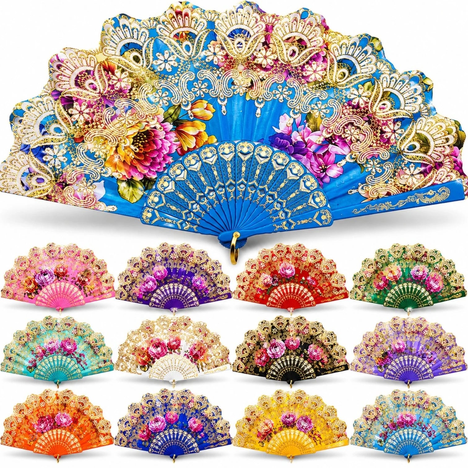 Evantai Pliabil 24cm, Model Floral 12/set, cu Sclipici, Diferite Modele Colorate Engros