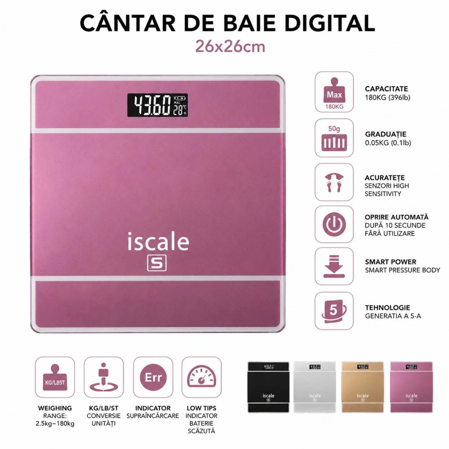 Cântar Electronic de Baie 26x26cm, Afișaj LCD, Capacitate 180kg, 2 Baterii Incluse, Diferite Culori Engros