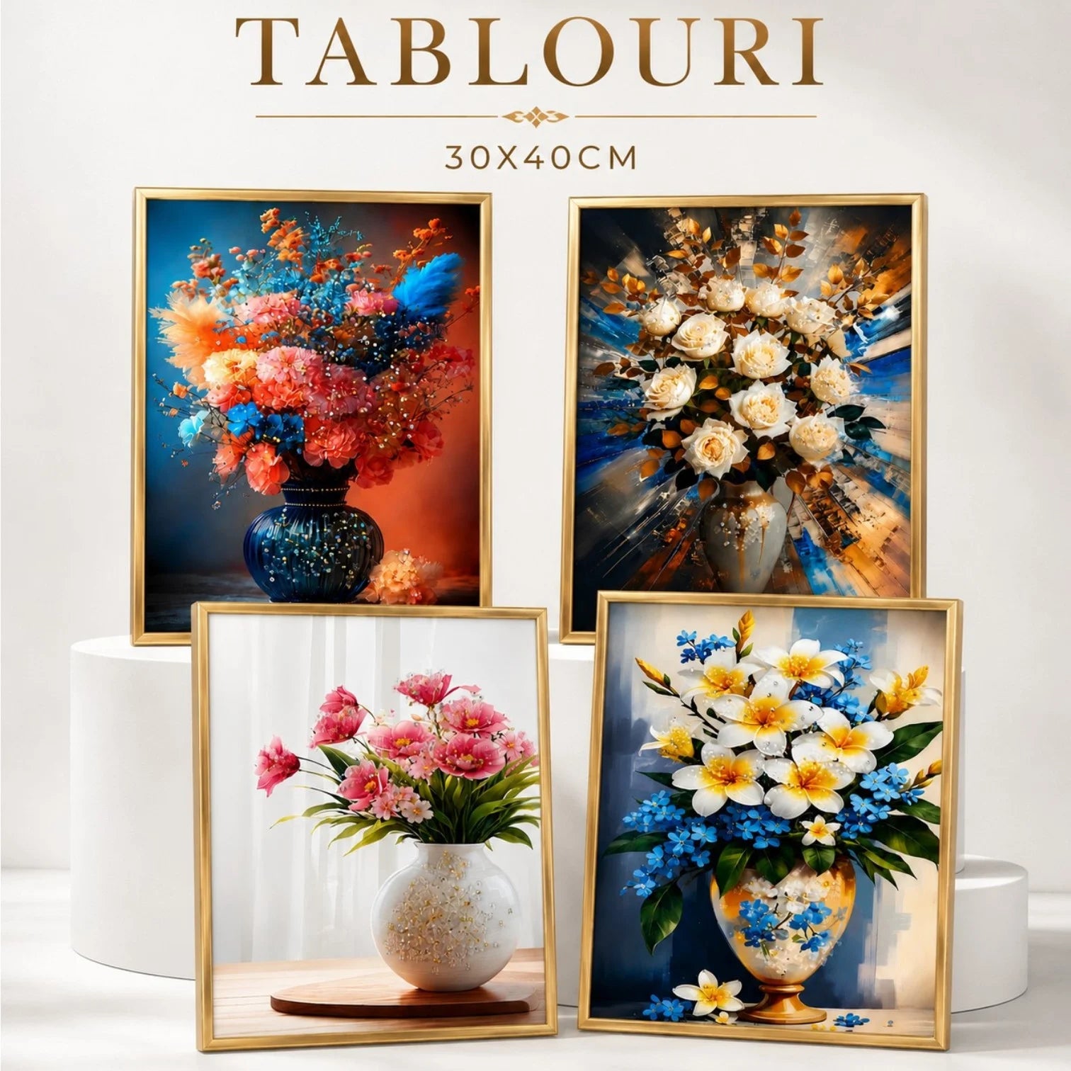 Tablou Decorativ 30x40cm, Model Floral Efect 3D, din Plastic Aurie, Diferite Modele Engros