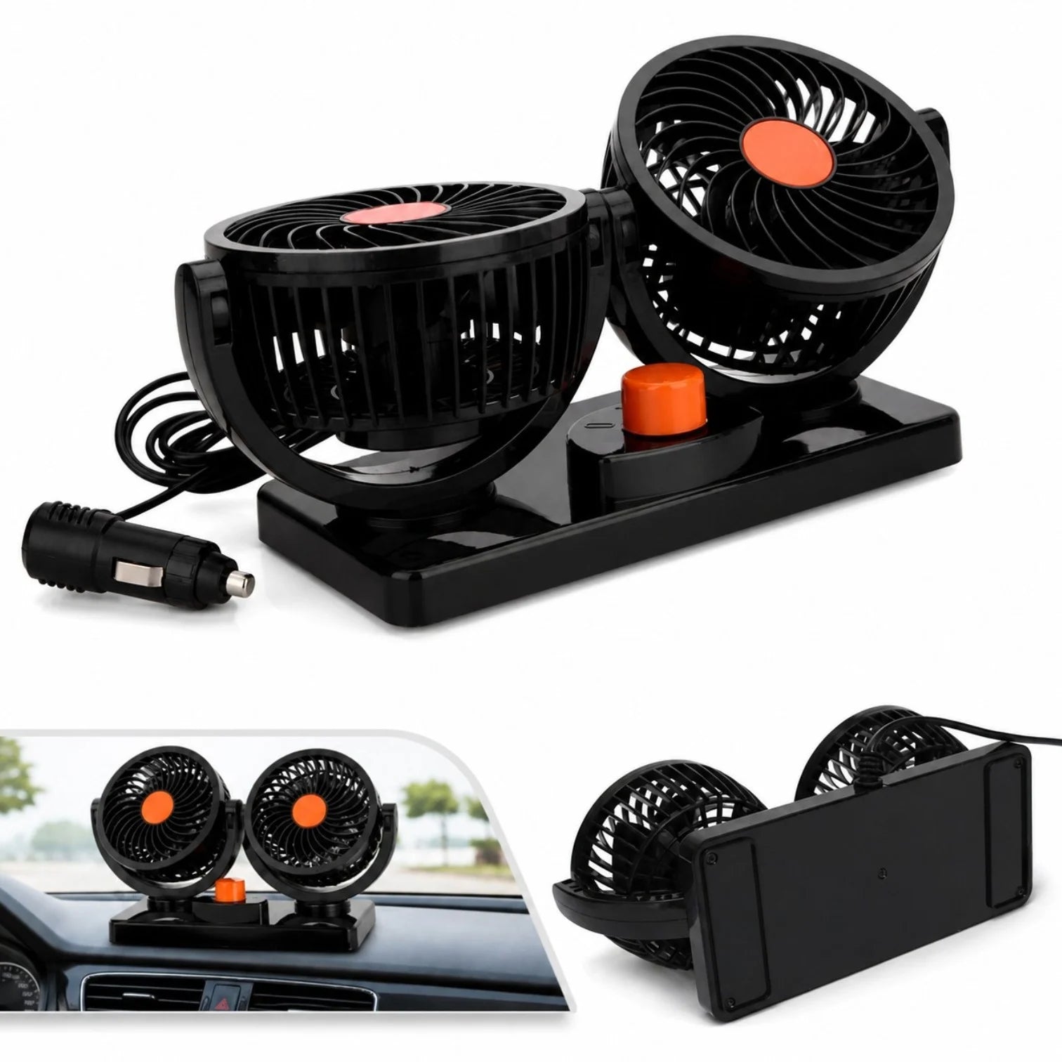 Ventilator Auto Dublu 14x20cm, Reglabil 360°, Alimentare la Priza Auto 12V, 2 Trepte de Viteză Engros