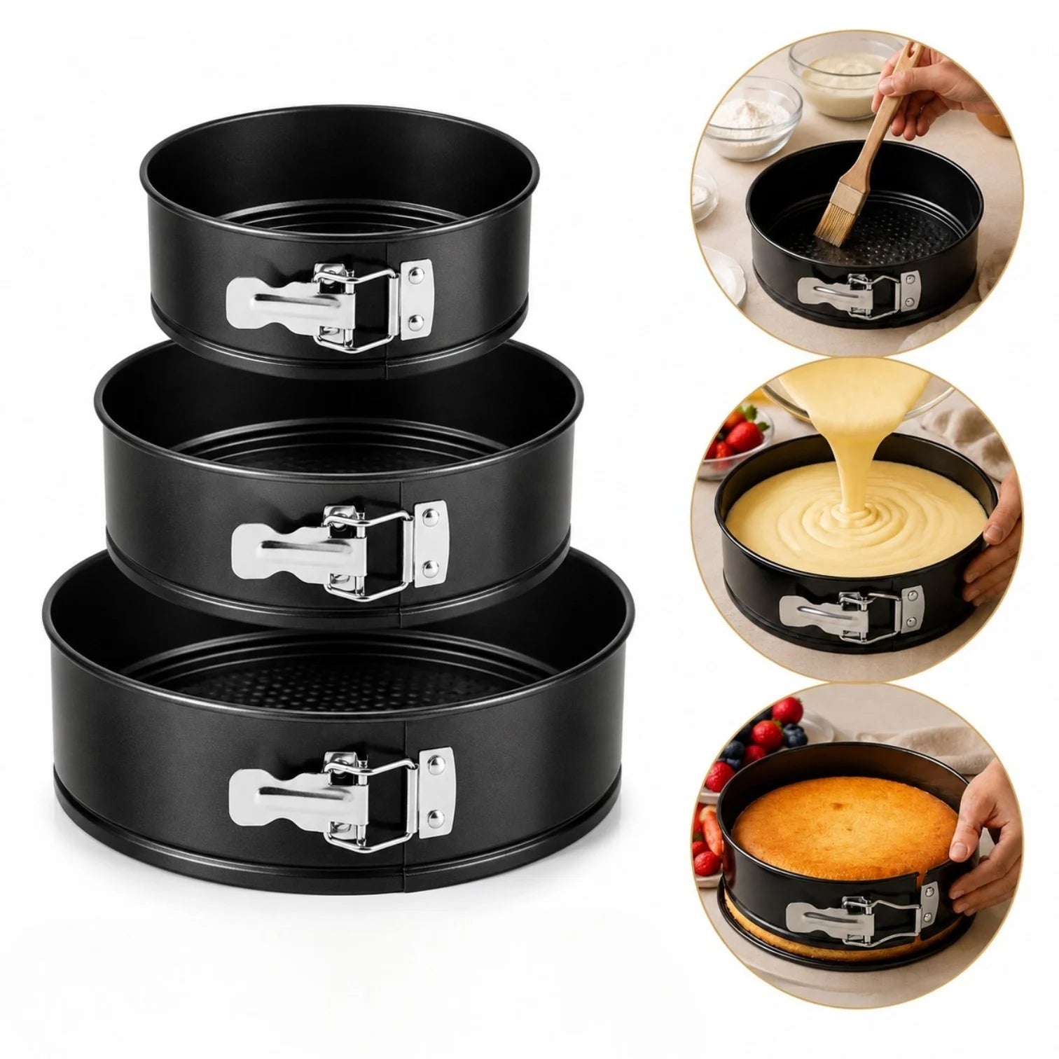 Forme Rotunde pentru Copt 3/set, 24cm, 26cm și 28cm, cu Bază Detașabilă, Închidere Rapidă și Strat Antiaderent, Negre Engros